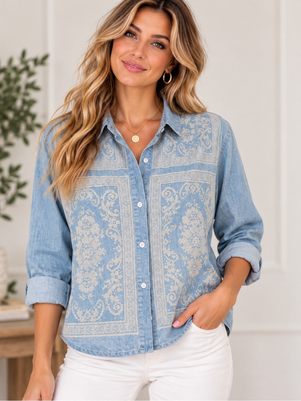 159.New Embroidered Light Blue Denim Shirt - Women's Button-Up Top